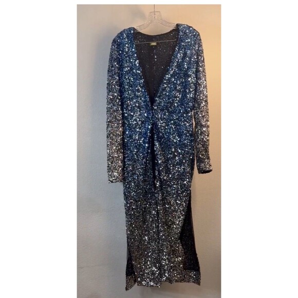 Alexia Admor dressy Blue Silver Ombré sequined DUSTER wrap Jacket cardigan Large - Picture 2 of 15